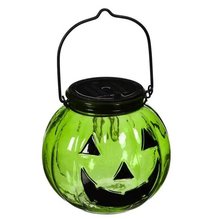 Home Decoration Orange Halloween Glass Pumpkin Candle Holders with Metal Hanger